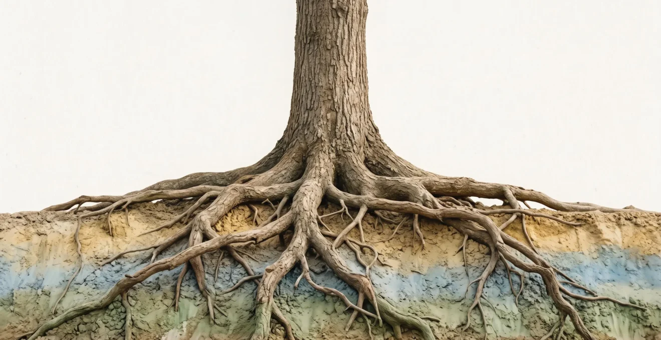 Arbre robuste aux racines profondes et interconnectées plongeant dans un sol stratifié aux teintes naturelles