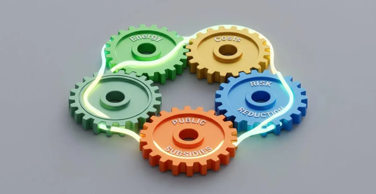 Engrenages circulaires colorés interconnectés avec flux lumineux circulant entre eux en vue isométrique