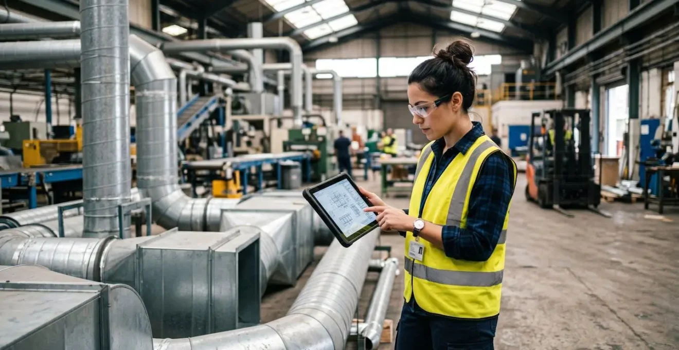 Ingénieure analysant les plans d'un système d'extraction d'air sur un site de production industrielle