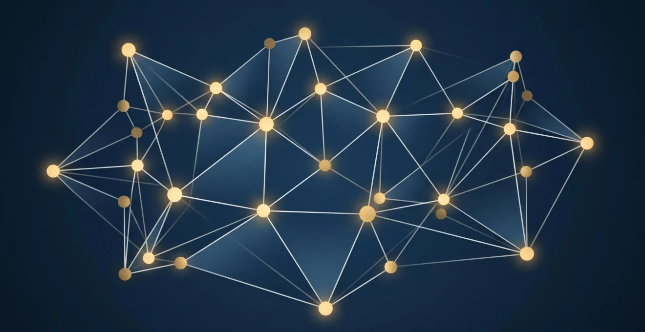 Réseau abstrait de nœuds interconnectés avec certains nœuds lumineux dorés reliés par des lignes blanches sur fond bleu profond