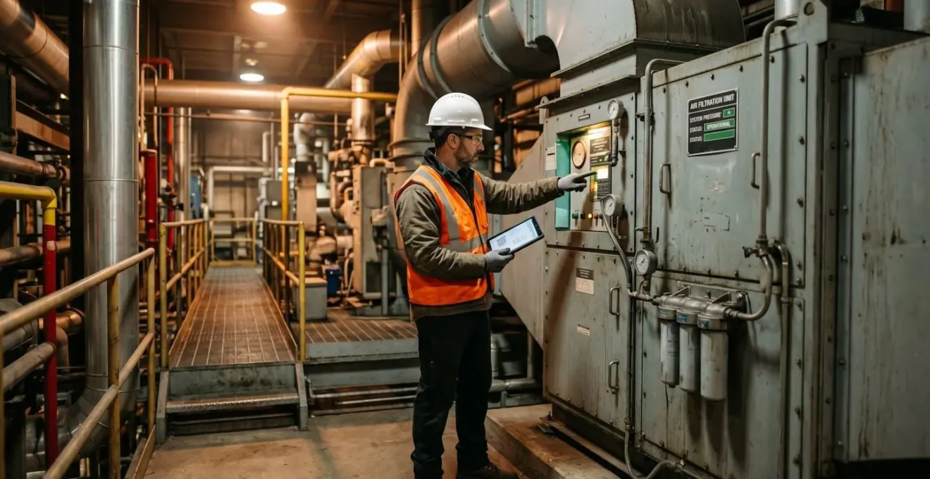 Technicien industriel vérifiant le fonctionnement d'un système de filtration d'air dans un atelier de production