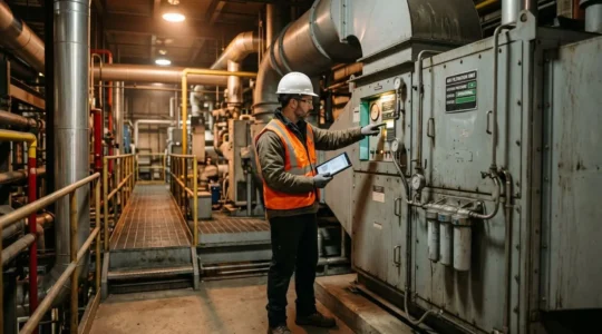 Technicien industriel vérifiant le fonctionnement d'un système de filtration d'air dans un atelier de production